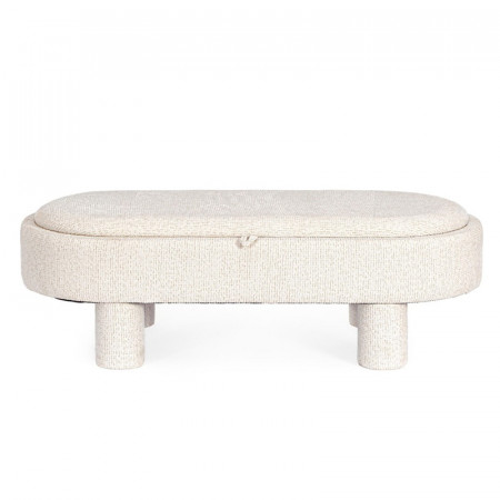Pouf blanc large et arrondi avec plateau intégré en bois - Hania 