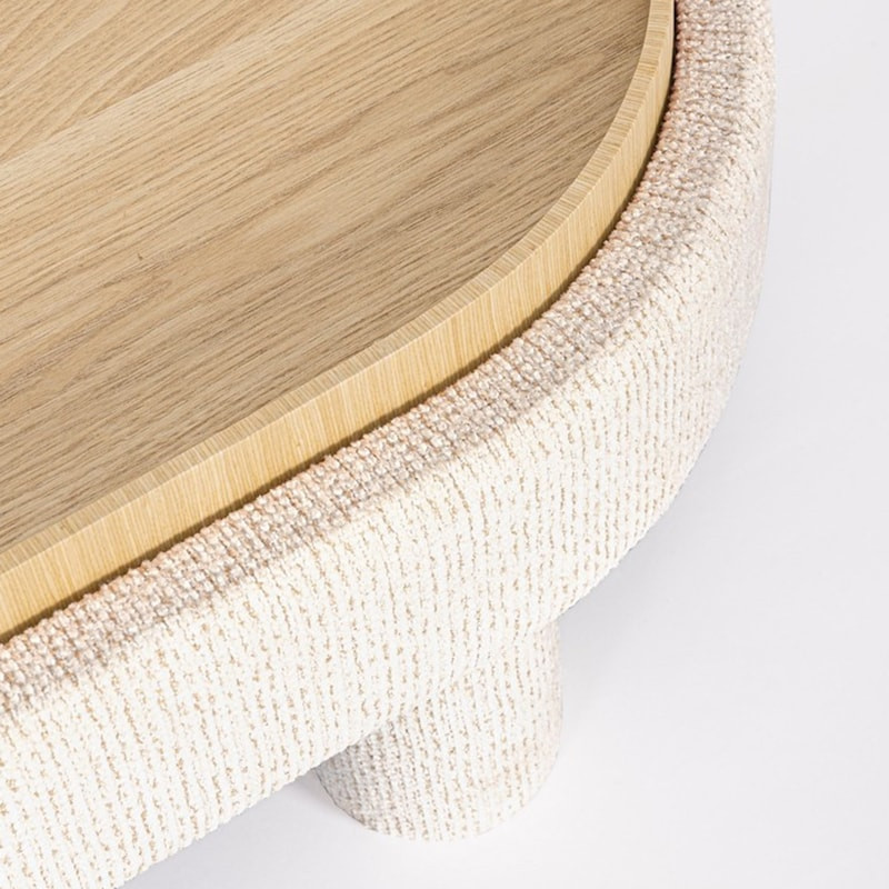 Pouf blanc large et arrondi avec plateau intégré en bois - Hania