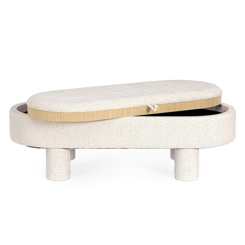 Pouf blanc large et arrondi avec plateau intégré en bois - Hania 