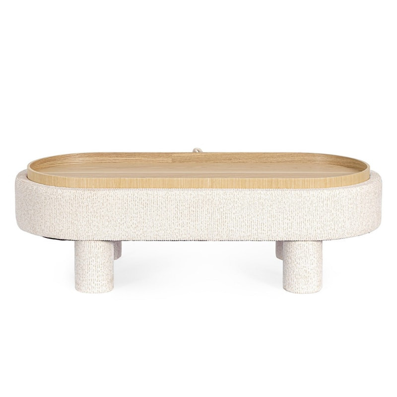 Pouf blanc large et arrondi avec plateau intégré en bois - Hania 