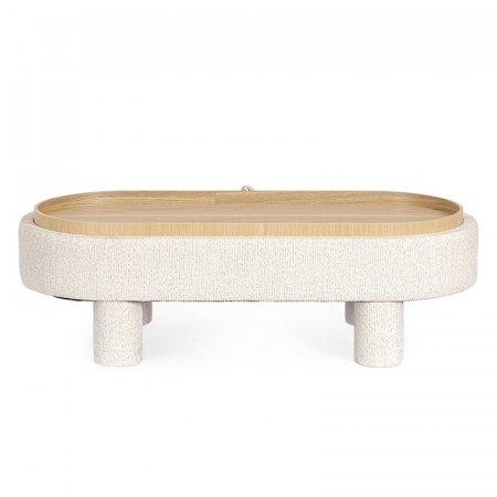 Pouf blanc large et arrondi avec plateau intégré en bois - Hania 