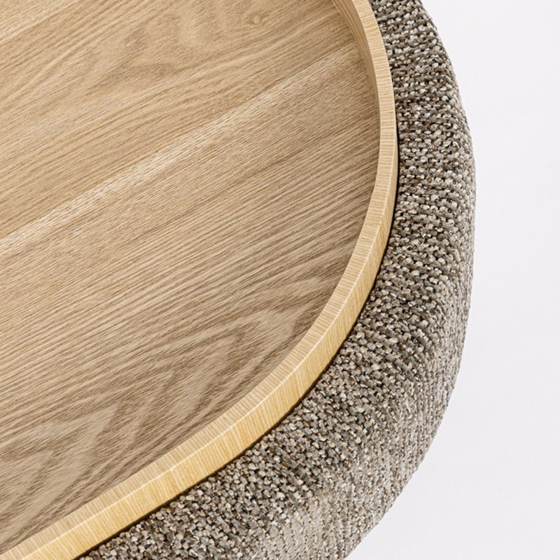 Pouf gris large et arrondi avec plateau intégré en bois - Hania 