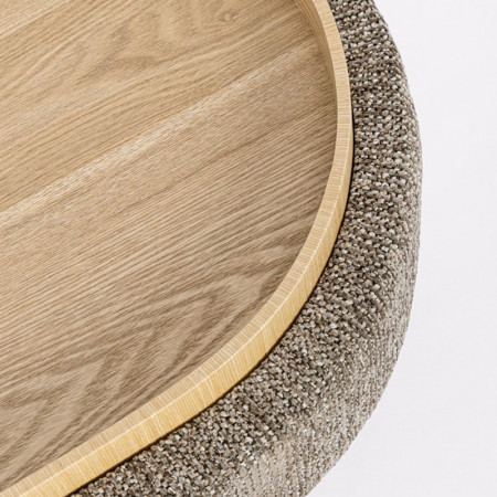 Pouf gris large et arrondi avec plateau intégré en bois - Hania 