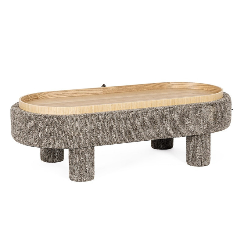 Pouf gris large et arrondi avec plateau intégré en bois - Hania 