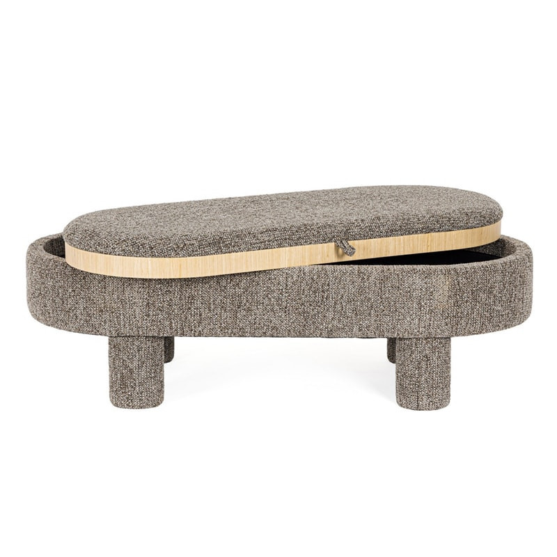 Pouf gris large et arrondi avec plateau intégré en bois - Hania 