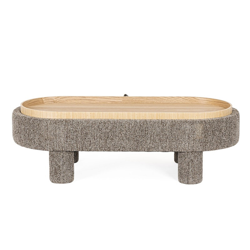 Pouf gris large et arrondi avec plateau intégré en bois - Hania 