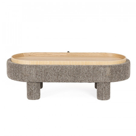 Pouf gris large et arrondi avec plateau intégré en bois - Hania 