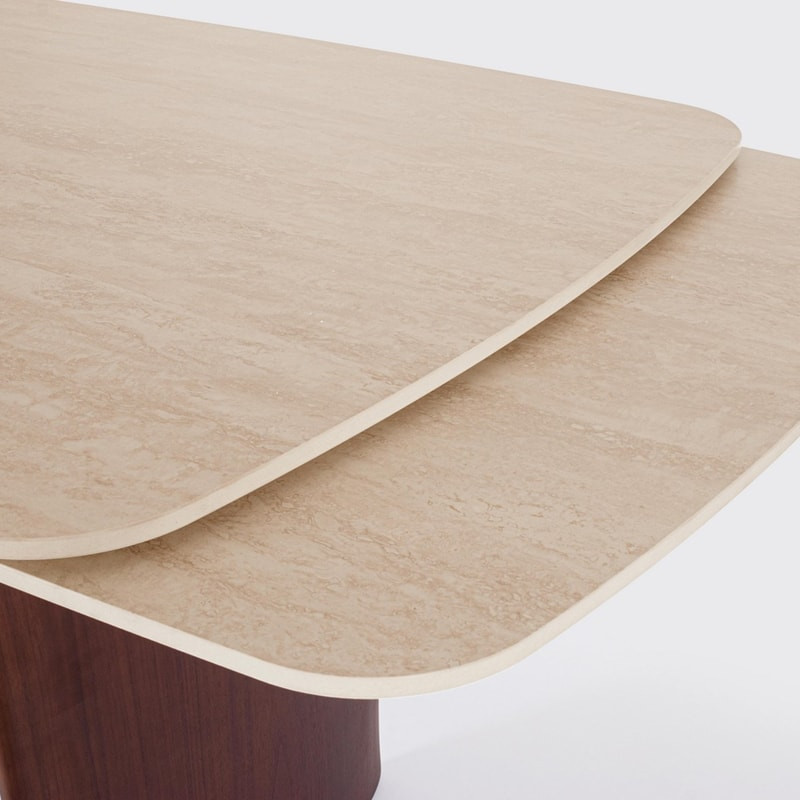 Table rectangulaire extensible noyer et plateau travertin naturel - Mairis 