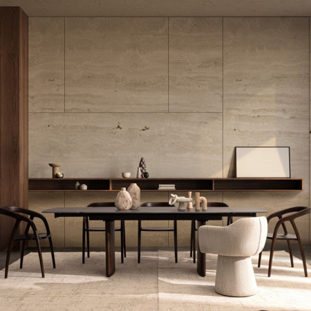 Table rectangulaire extensible noyer et plateau grès cérame effet marbre gris - Mairis 