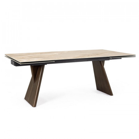 Table de repas extensible plateau céramique effet onyx et bois noyer - Maïko 