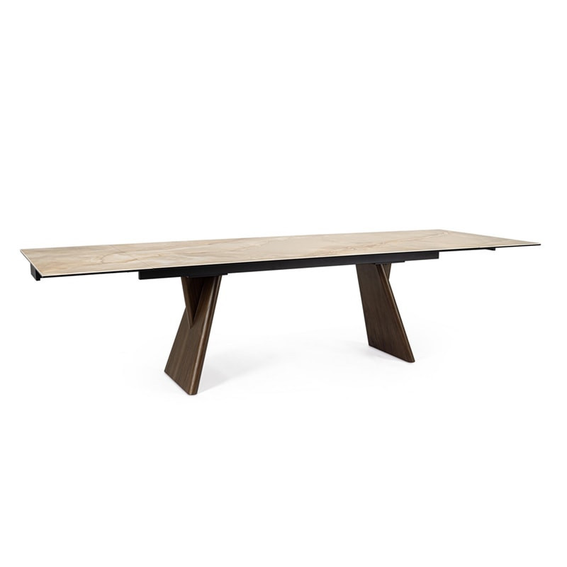 Table de repas extensible plateau céramique effet onyx et bois noyer - Maïko 