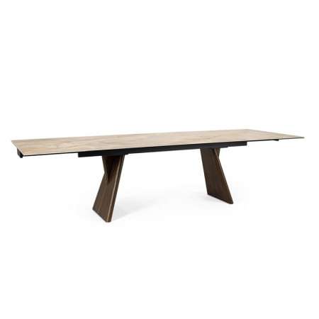 Table de repas extensible plateau céramique effet onyx et bois noyer - Maïko 