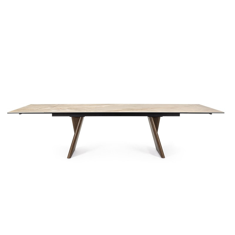 Table de repas extensible plateau céramique effet onyx et bois noyer - Maïko 