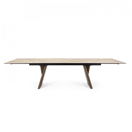 Table de repas extensible plateau céramique effet onyx et bois noyer - Maïko 