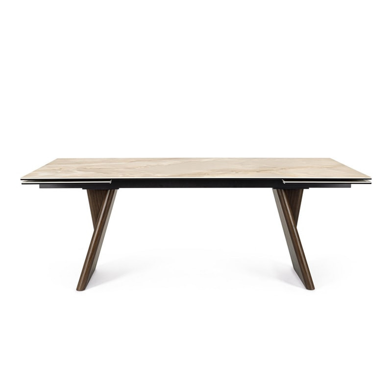 Table de repas extensible plateau céramique effet onyx et bois noyer - Maïko 