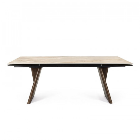 Table de repas extensible plateau céramique effet onyx et bois noyer - Maïko 