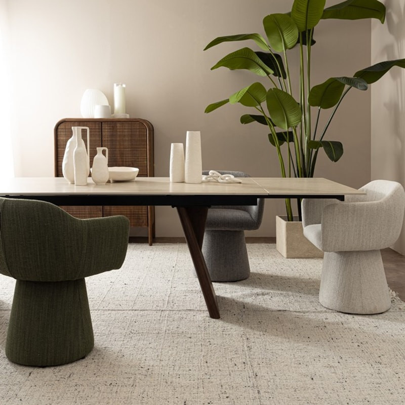 Table de repas extensible plateau travertin et bois noyer - Maïko 