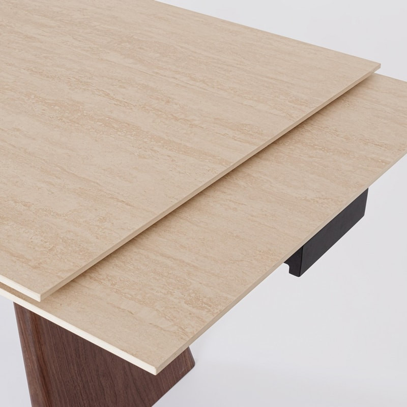 Table de repas extensible plateau travertin et bois noyer - Maïko 