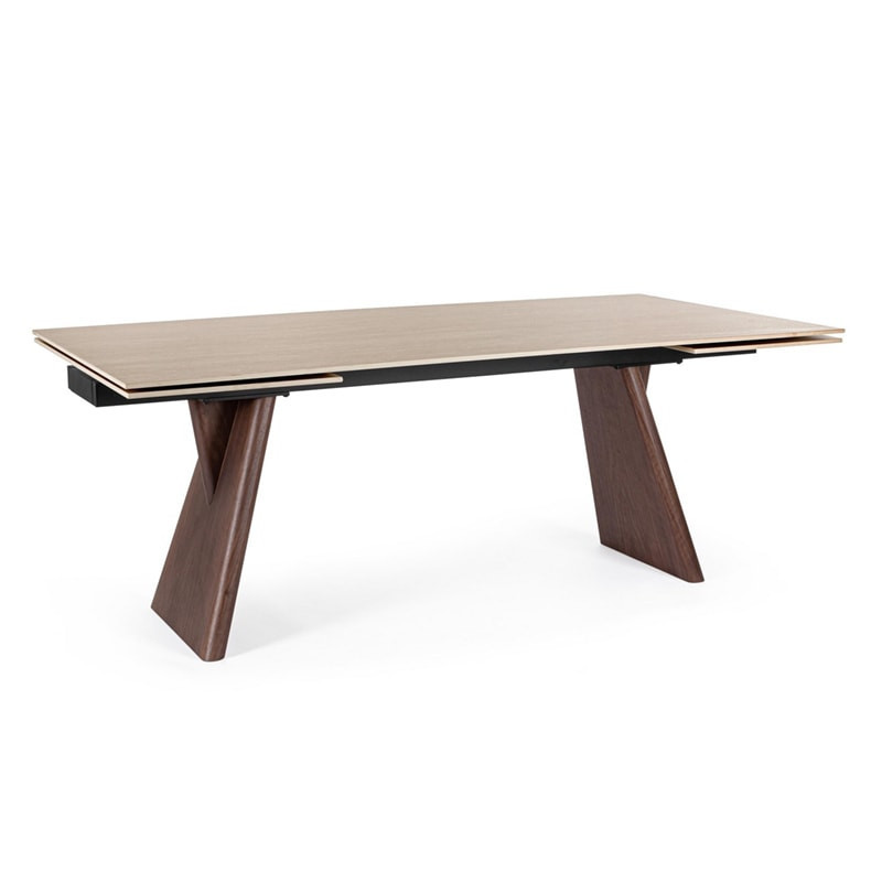 Table de repas extensible plateau travertin et bois noyer - Maïko 