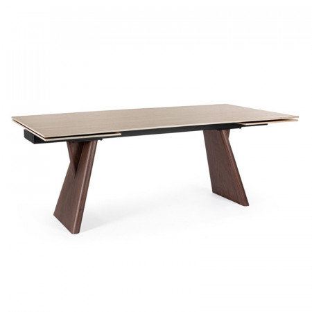 Table de repas extensible plateau travertin et bois noyer - Maïko 