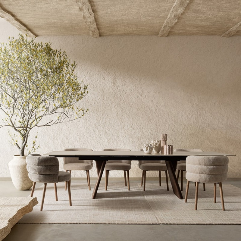 Table de repas extensible plateau travertin et bois noyer - Maïko 