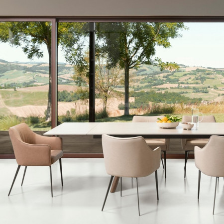 Table de repas extensible plateau travertin et bois noyer - Maïko 