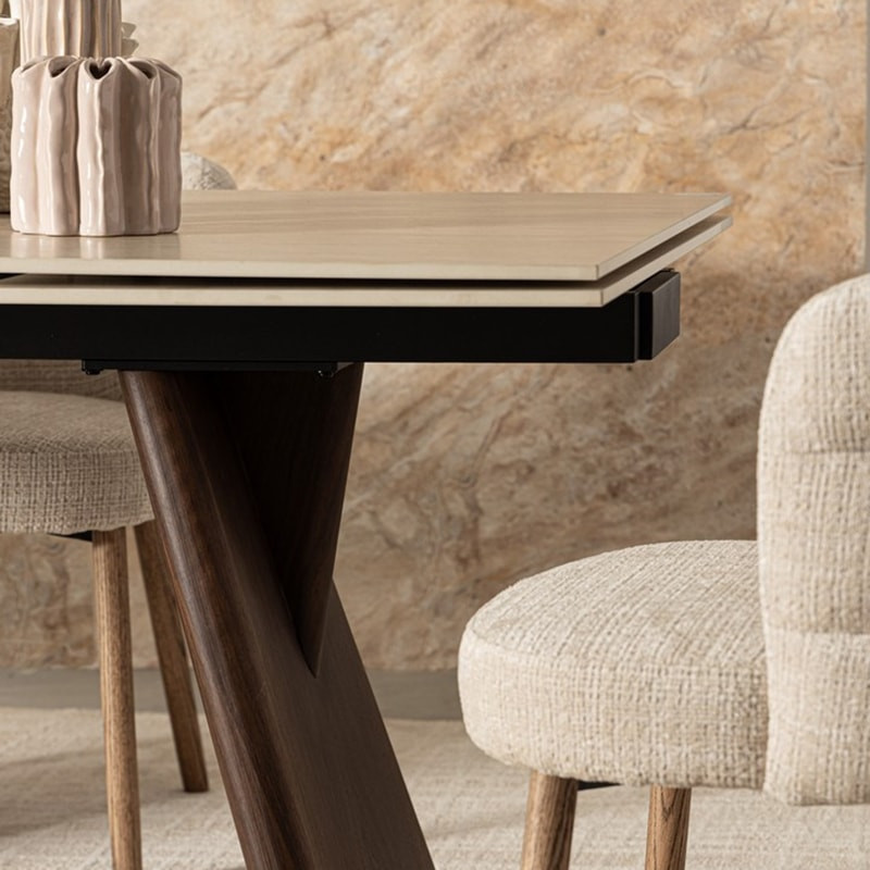 Table de repas extensible plateau travertin et bois noyer - Maïko 