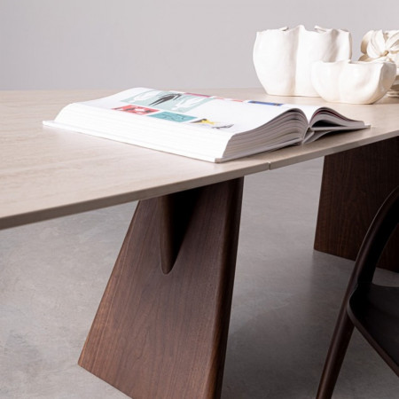 Table de repas extensible plateau travertin et bois noyer - Maïko 