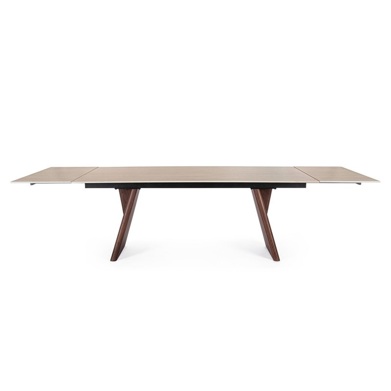 Table de repas extensible plateau travertin et bois noyer - Maïko 