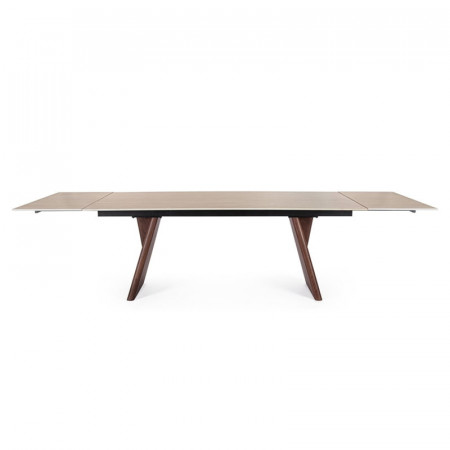 Table de repas extensible plateau travertin et bois noyer - Maïko 