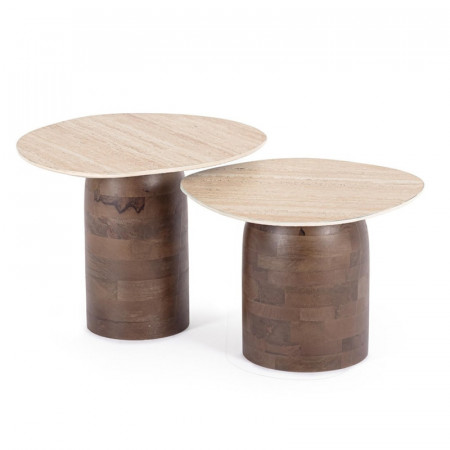 Tables basses gigognes en bois de manguier et plateau effet travertin - Anishka 