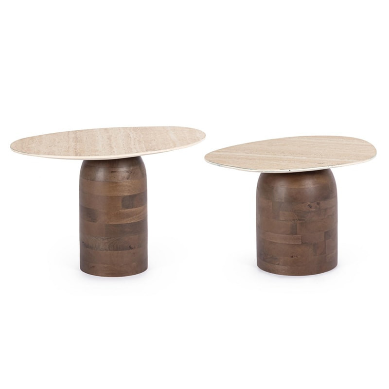 Tables basses gigognes en bois de manguier et plateau effet travertin - Anishka 