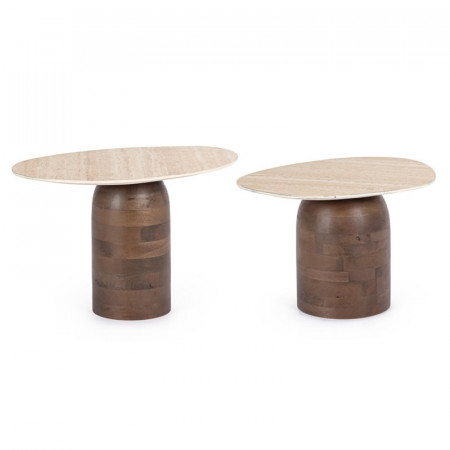 Tables basses gigognes en bois de manguier et plateau effet travertin - Anishka 