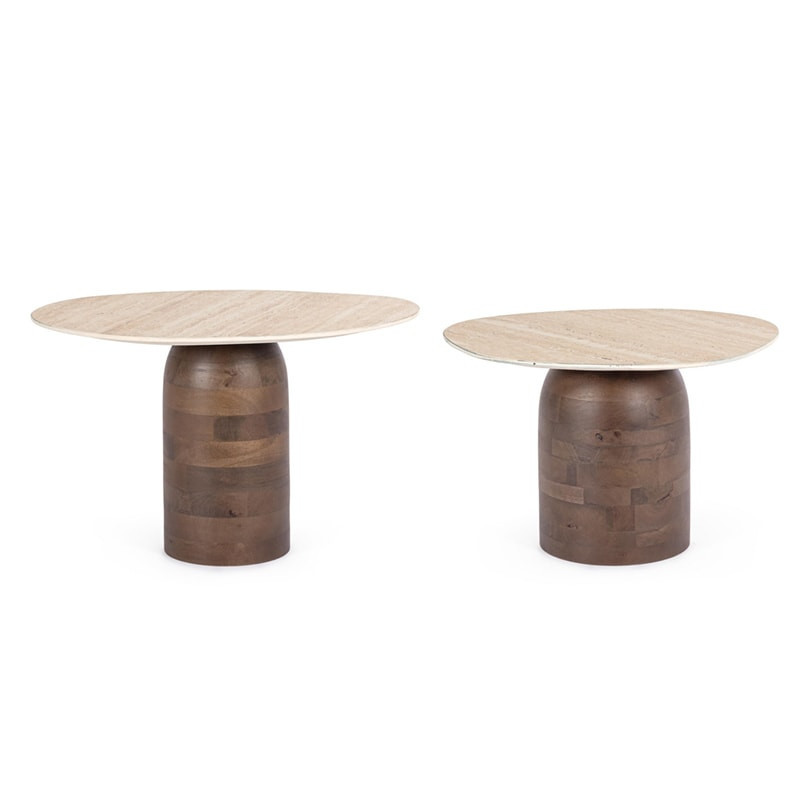 Tables basses gigognes en bois de manguier et plateau effet travertin - Anishka 