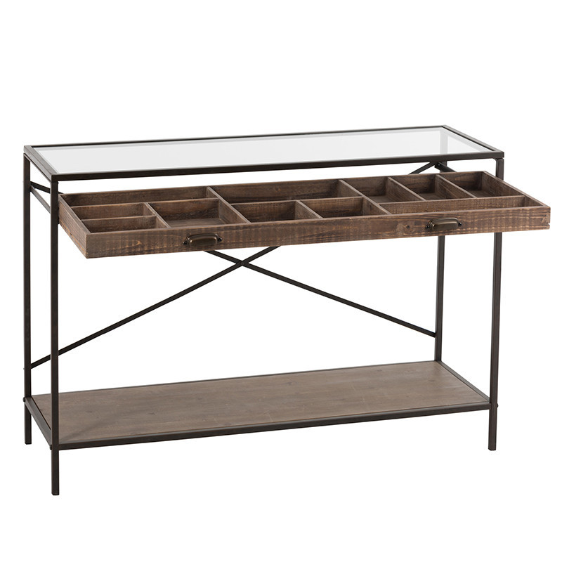 Meuble console avec tiroir en verre, bois et métal noir - Boli Meuble console avec tiroir en verre, bois et métal noir - Boli