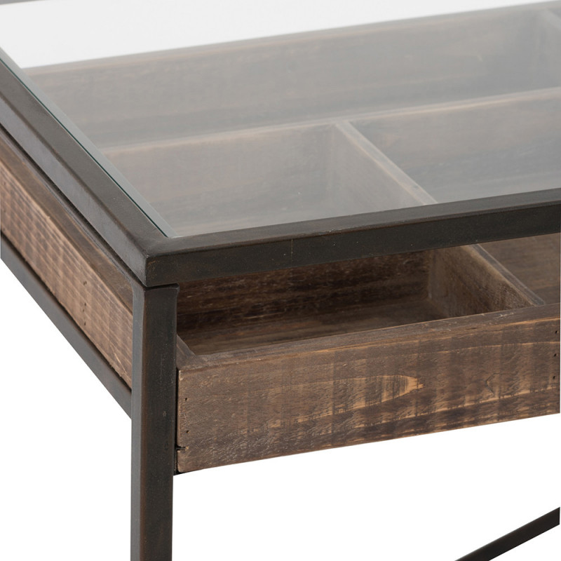 Console meuble avec tiroir en verre, bois et métal noir - Boli