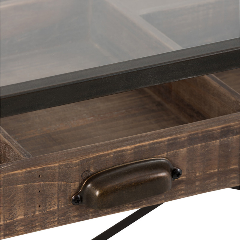 Console meuble en verre, bois et métal noir avec tiroir - Boli
