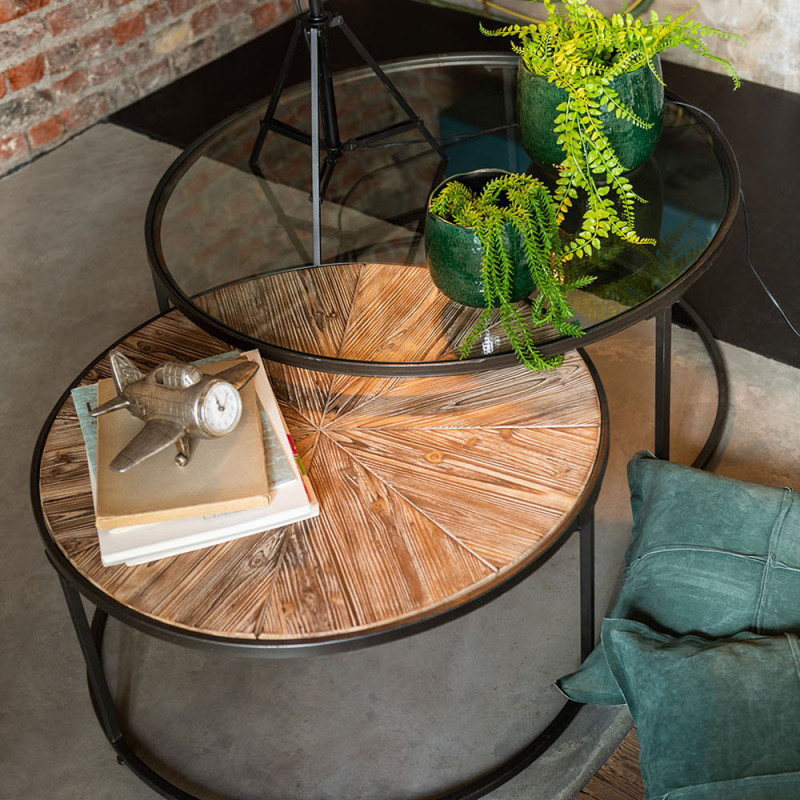 Table basse gigogne ronde en verre, bois et métal noir - Kimi