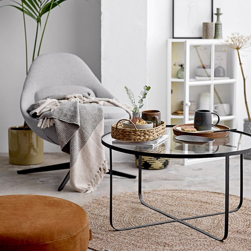 Table basse ronde en verre transparent et métal noir - Kia 