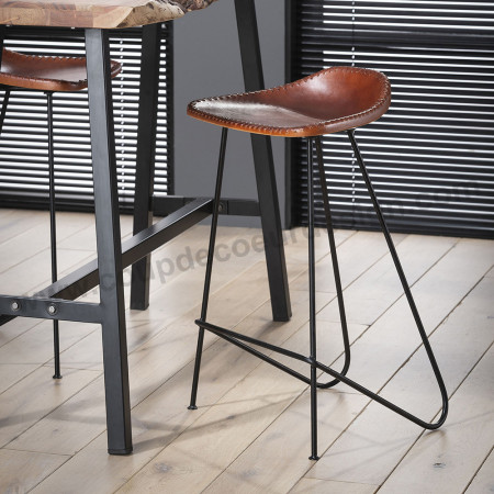 Tabouret de bar design en simili cuir vintage marron - Indus 