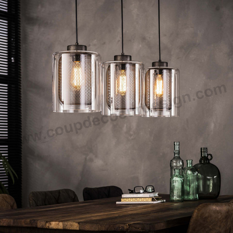Lustre industriel en verre et métal 3 suspensions - Opac 