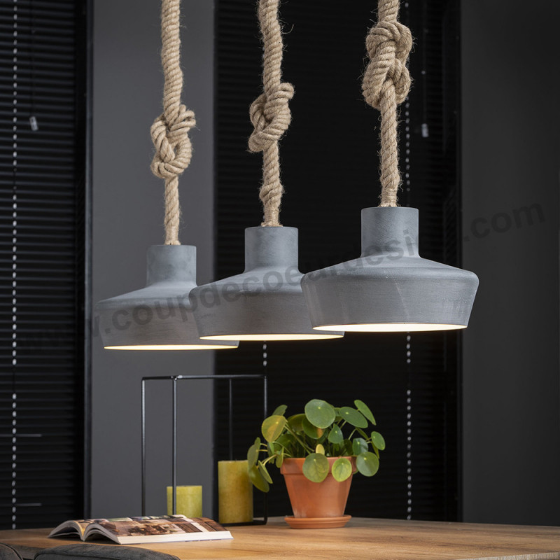 Lustre 3 suspensions corde abat-jour aspect béton - Cord 
