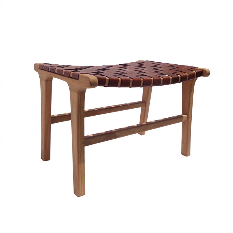 Tabouret en cuir marron tressé design - Zoé 