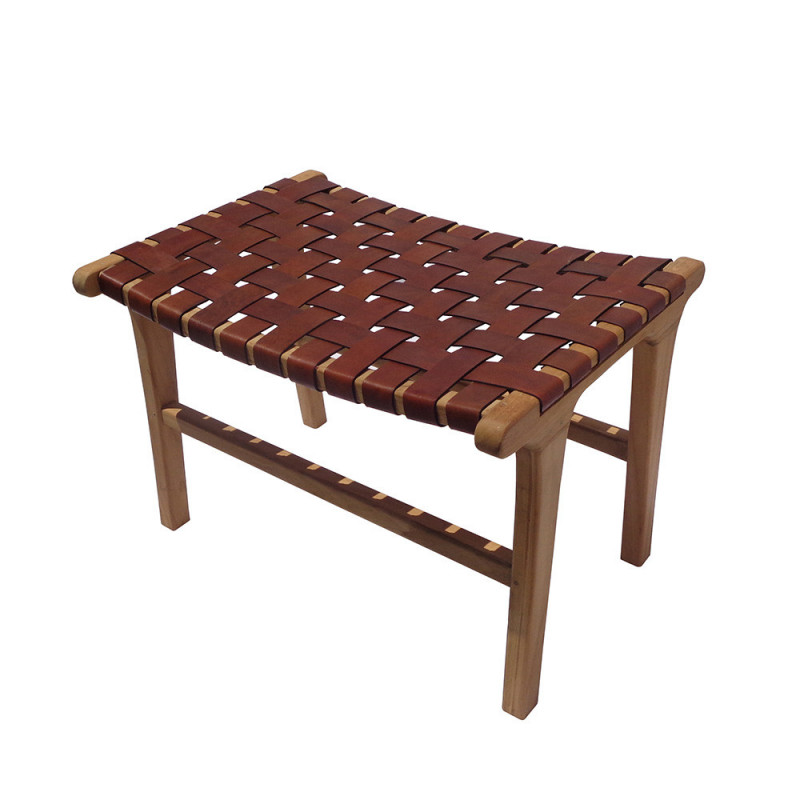 Tabouret en cuir marron tressé design - Zoé 