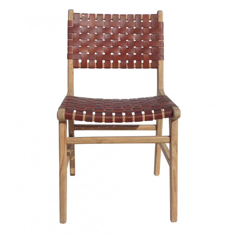 Chaise design en bois et cuir marron tressé - Zoé 