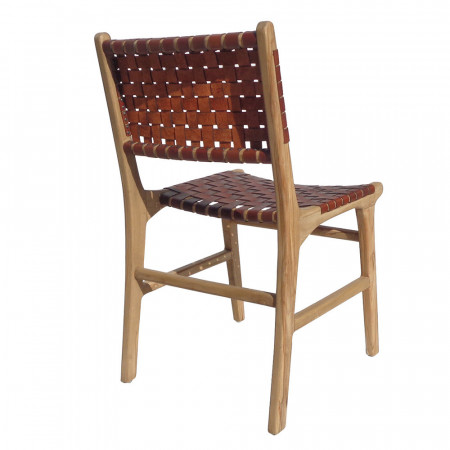 Chaise design en bois et cuir marron tressé - Zoé 
