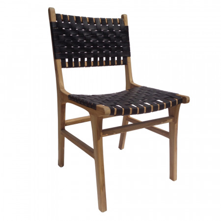 Chaise design en bois et cuir noir tressé - Zoé 