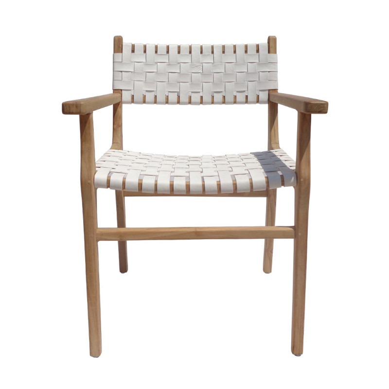 Chaise design en bois et cuir blanc tressé avec accoudoirs - Zoé 