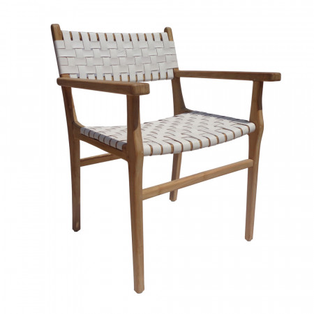Chaise design en bois et cuir blanc tressé avec accoudoirs - Zoé 