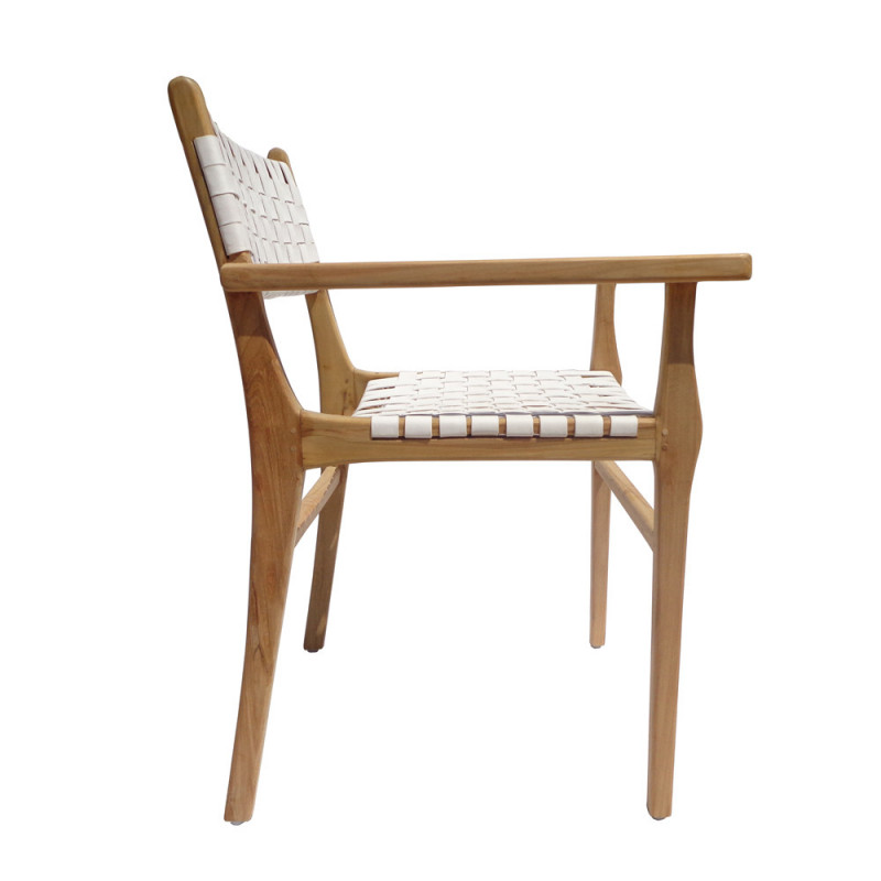 Chaise design en bois et cuir blanc tressé avec accoudoirs - Zoé 